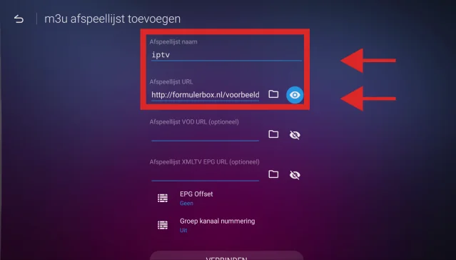 MyTVOnline M3U-invoerscherm met de velden voor afspeellijstnaam, playlist-URL en XMLTV EPG URL
