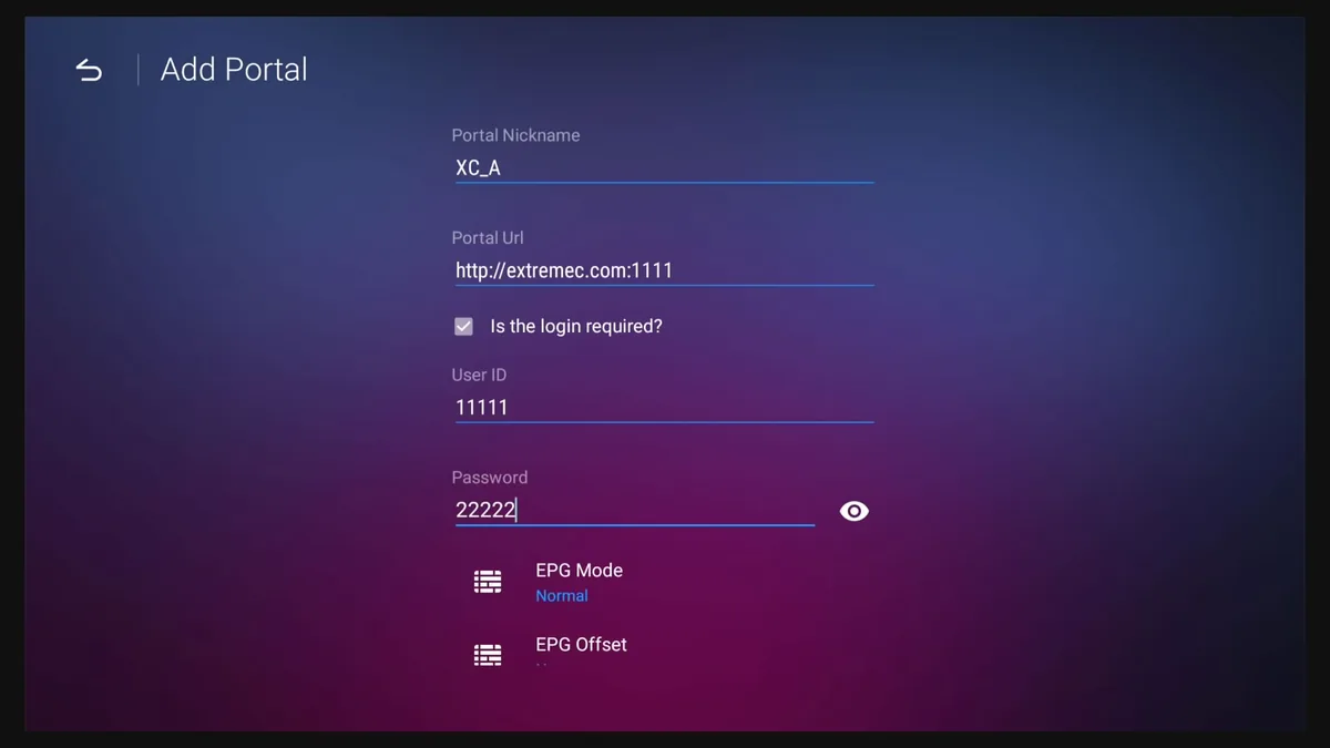 MyTVOnline Add Portal-scherm met de velden voor portal-URL, gebruikersnaam en wachtwoord