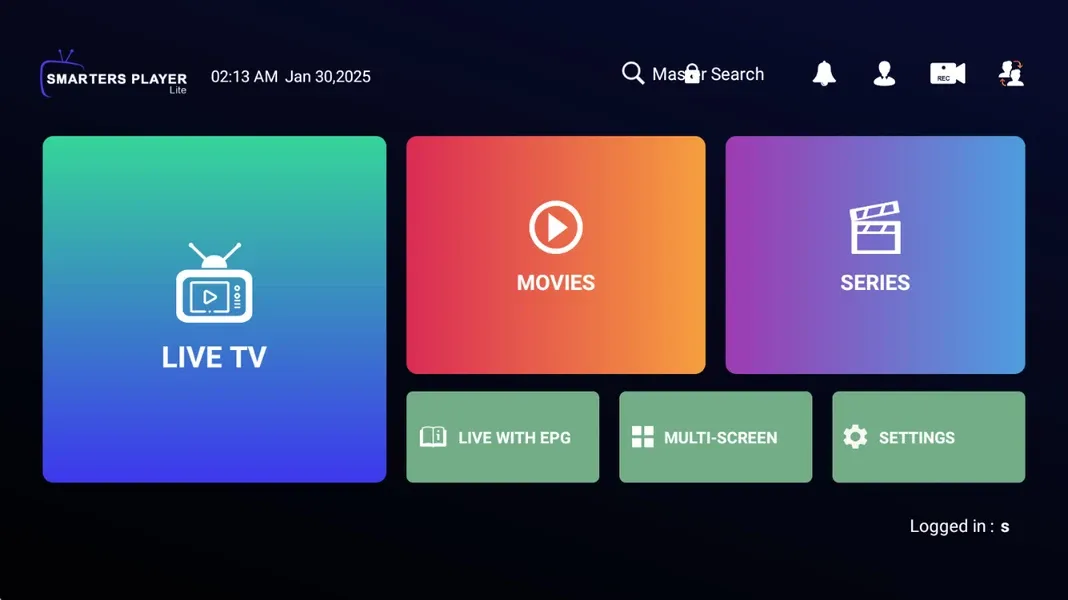 Hoofdmenu van IPTV Smarters Pro na succesvolle eerste login