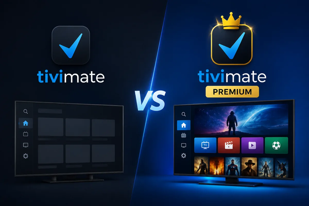 Vergelijking van de gratis TiviMate-app en TiviMate Premium naast elkaar op een televisie