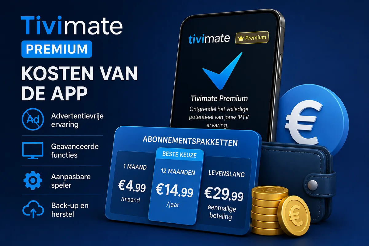 TiviMate Premium abonnementspakketten met de maand-, jaar- en levenslange licentie naast elkaar